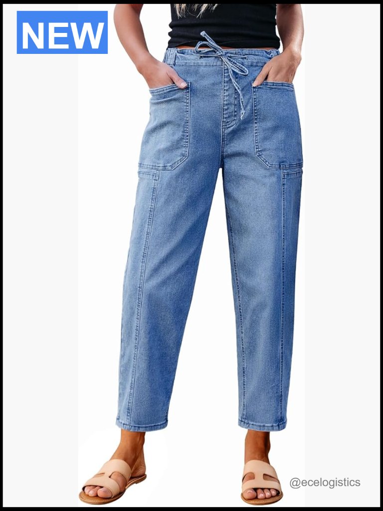 Trendy Barrel Jeans - High Waisted Pull On Stretchy Denim Baggy Pants